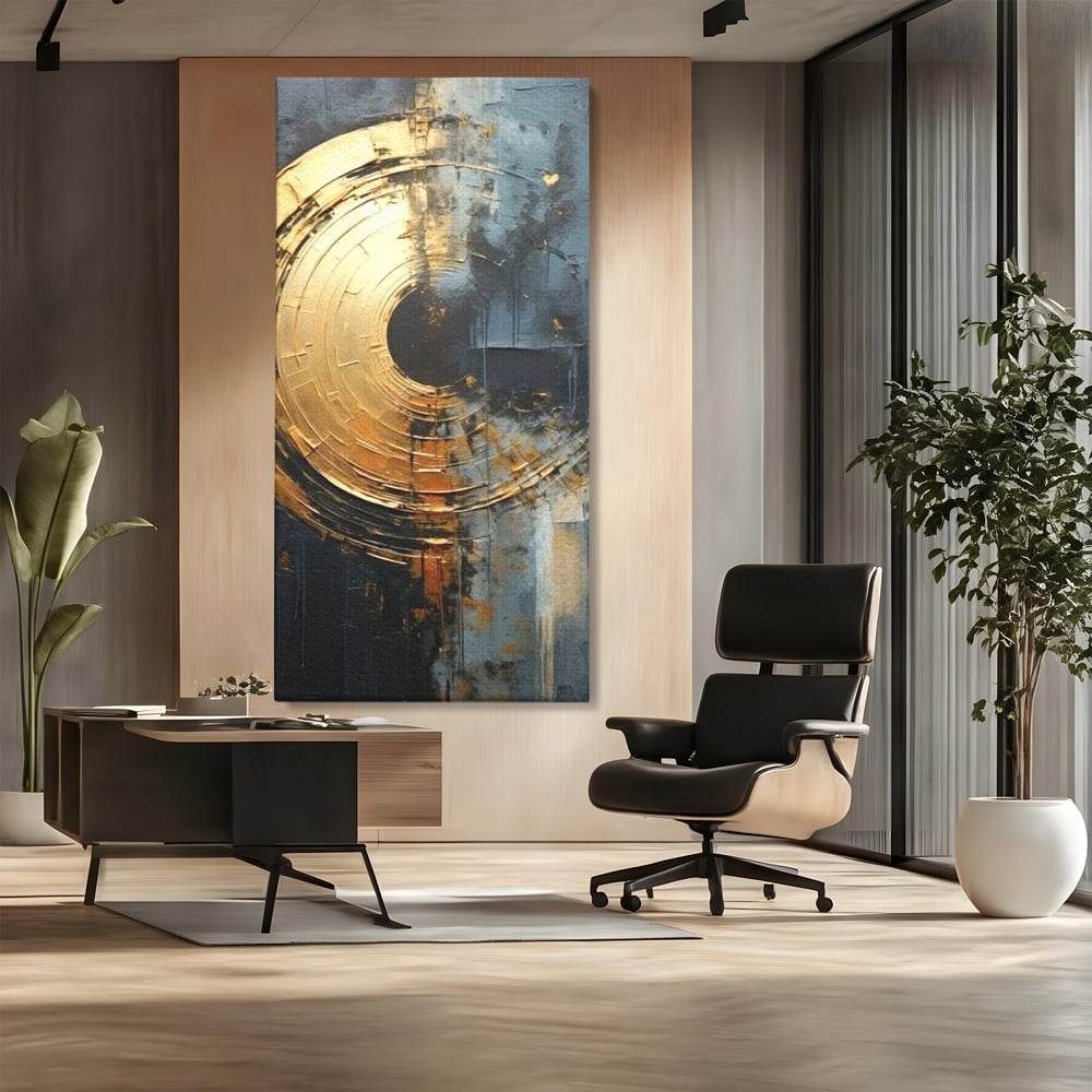 Tablou canvas cu tablou abstract cu cerc auriu, fara rama, pe sasiu de lemn, pe perete intr-un birou